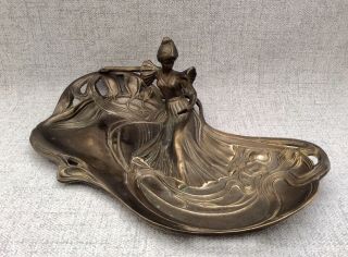 Large 13” Art Nouveau Bronze Lady Calling Card Tray C1910 1.  9 Kg 2