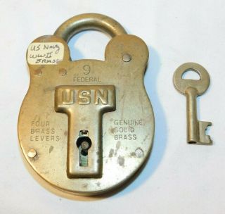 Rare Old Usn United States Navy Brass Padlock And Key