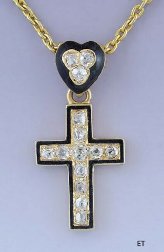 14k Gold Diamond And Black Enamel Cross & Heart Pendant Necklace