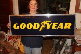 Large Vintage Goodyear Tires Gas Station 36 " Embossed Lighted Metal Sign