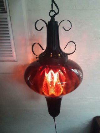 Vintage Ruby Red Glass Hanging Swag Light Lamp W Diffuser Electric Mcm