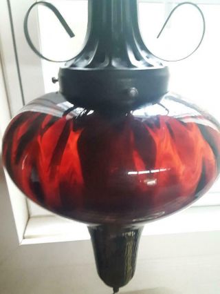 Vintage Ruby Red Glass Hanging Swag Light Lamp w Diffuser Electric MCM 2