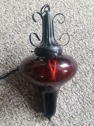 Vintage Ruby Red Glass Hanging Swag Light Lamp w Diffuser Electric MCM 3