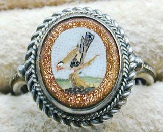 Early Fine Antique Micro Mosaic Ring Bird Finely Detailed Sterling