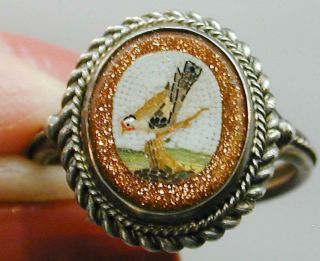 Early Fine Antique Micro Mosaic Ring Bird Finely Detailed Sterling 3