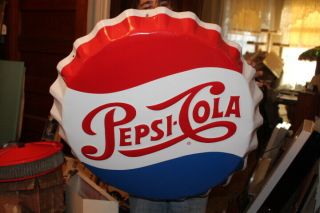 Vintage 1950s Pepsi Cola Soda Pop Bottle Cap Gas Station 28 " Embossed Metal Sign