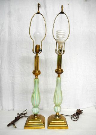 Pr.  Mcm Murano Glass Lamps Italian Green & White With Gold Specs