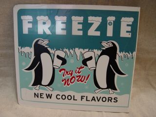 Vintage 2 - Sided Freezie Slushy Drinks With Penguins Advertising Flange Sign