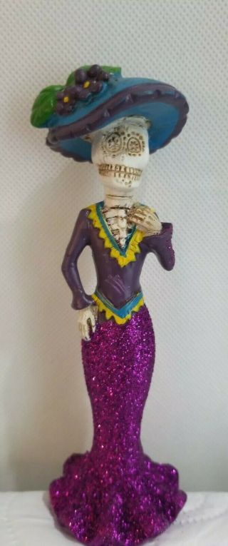 Day Of The Dead Lady Skeleton In Purple Dress Figurine Dia De Los Muertos