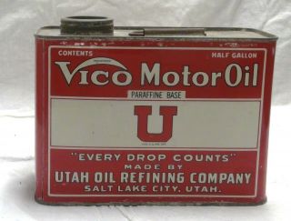 Vintage Vico 1/2 Gal.  Motor Oil Can Utah Advertising 1920s Car Automobile