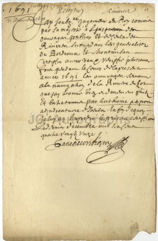 17th Century France - 1691 Cantigny - Manuscript Vellum Document 300,  Years Old