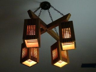 Mid Century Modern Arts & Crafts 4 Light Wood Chandelier Mission Style Eames Mcm