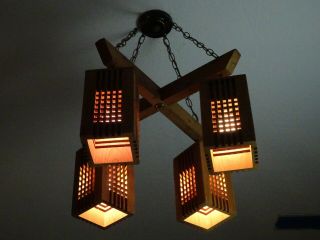 Mid Century Modern Arts & Crafts 4 Light Wood Chandelier Mission Style Eames MCM 2