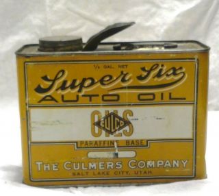 Rare 1920s Culmer Six 1/2 Gal.  Motor Oil Can Utah Advertising