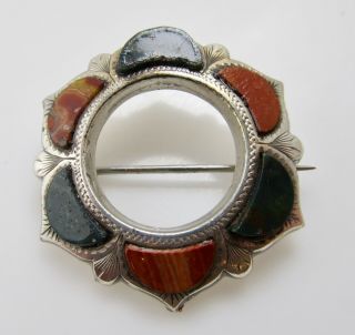 Victorian Scottish Agate Sterling Silver Wreath Circle Pin Brooch Antique