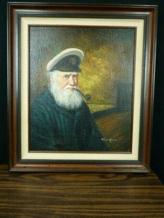 Vintage Old Sea Captain W/pipe Oil On Canvas Painting Signed Wood Frame 27x 31
