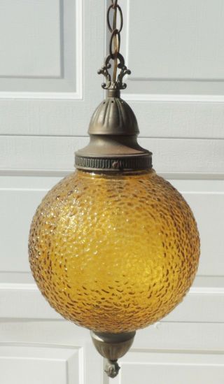 Vintage Mid Century Amber Crackle Glass Swag Chandelier Gothic Hanging Lamp 5365