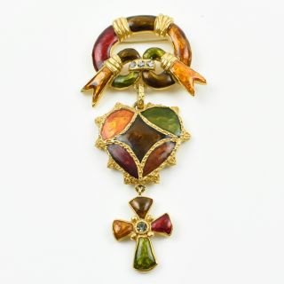 Christian Lacroix Paris Signed Pin Brooch Vintage Enamel Jeweled Cross Heart