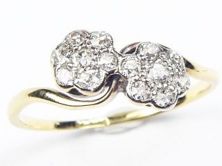 Wonderful Antique English 18k Gold Diamond Double Flower Crossover Ring C1890