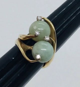 Vintage 14k Yellow Gold Green Jade & Diamond Ring Size 4