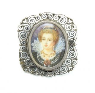 Antique Hand Painted Victorian Portrait Of Edwardian Lady,  Silver Brooch Pendant