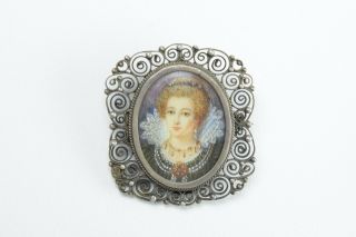 Antique Hand Painted Victorian Portrait of Edwardian Lady,  Silver Brooch Pendant 2