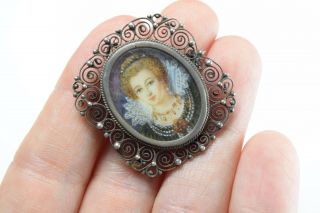 Antique Hand Painted Victorian Portrait of Edwardian Lady,  Silver Brooch Pendant 3
