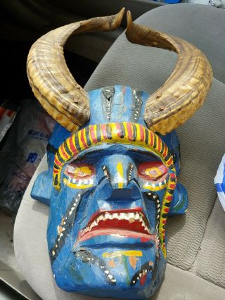 Vintage Mexican Diablo Wood Mask With Rams Horns