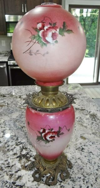 Antique GWTW Kerosene Oil Parlor Banquet Table Lamp Hand Painted Floral Rose 2
