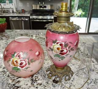 Antique GWTW Kerosene Oil Parlor Banquet Table Lamp Hand Painted Floral Rose 3