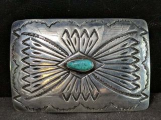 Vintage Navajo Sterling Belt Buckle With Turquoise Insert