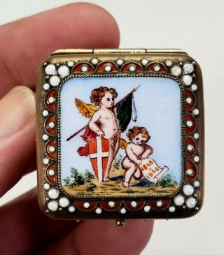 Antique 19th C Enameled Sterling Silver Snuff Or Trinket Box W/ Cherubs Painting