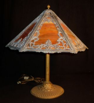 Antique Table Lamp Slag Glass Panel Shade Needs 2 Sockets As - Is Signed Rainaud