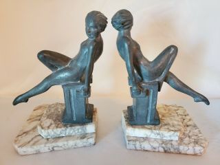 Vintage Art Deco Sitting Nude Lady Bookends - Rare - Marble Base - 1930 