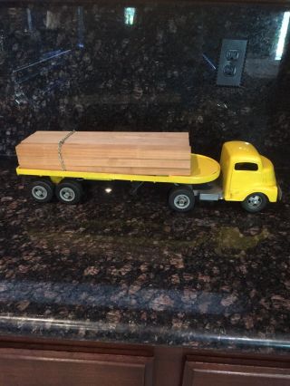 1950’s Smith Miller Smitty Flatbed Semi Truck & Trailer Pressed Metal Yellow
