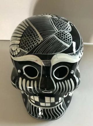 Sugar Skull Day Of The Dead Ceramic Handpainted Black & White Glaze From Mexico