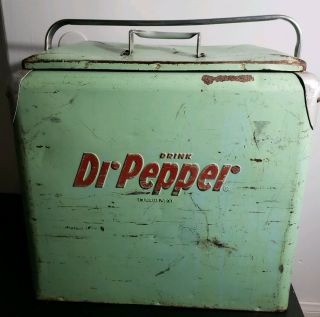Vintage Green Dr.  Pepper Metal Picnic Cooler Soda Ice Chest - Complete
