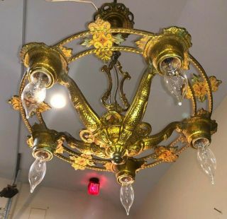 Antique Art - Deco Cast Iron Victorian 5 Light Fixture Hanging Ornate Chandelier