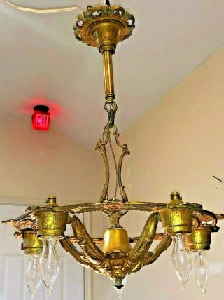 Antique Art - Deco Cast Iron Victorian 5 Light Fixture Hanging Ornate Chandelier 2