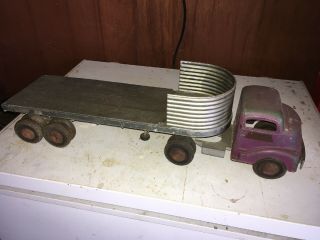 Vtg 1950s Smith Miller Smitty Flatbed Semi Pressed Metal Truck And Trailer Toy
