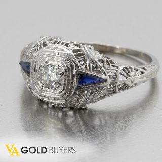 1930 Antique Art Deco Estate 18k White Gold Filigree.  15ct Diamond Sapphire Ring