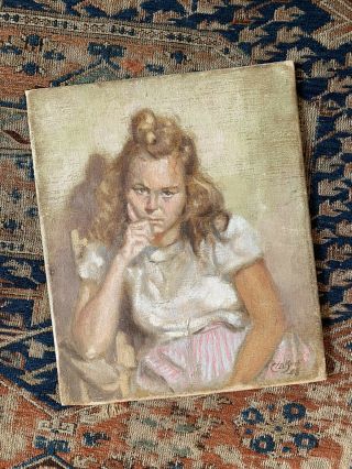 Vintage Portrait Oil Painting Of Woman Mid - Century Old Antique 1940s