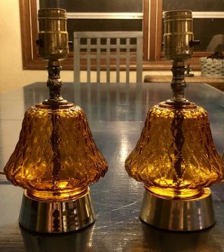 Set Of 2 Glass Lamps Vintage Mid Century Modern Amber Table Art Deco Retro Mod