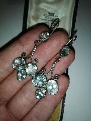 Rare Antique Vintage Sterling Silver Aquamarine Pendant Hook Earrings