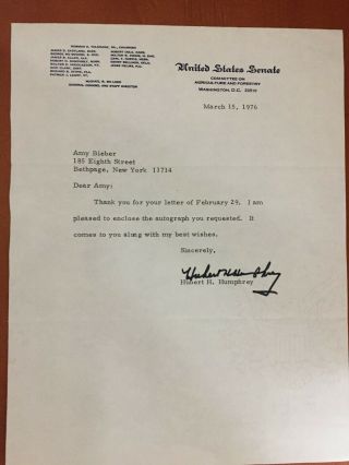 Hubert Humphrey Signed Letter And Card Autograph 1976.