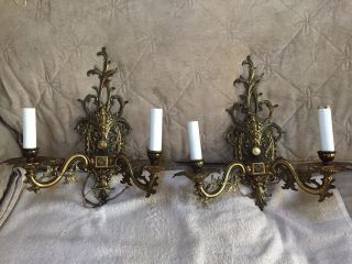 Vintage/ Antique Pair Spanish Brass Wall Sconces Hollywood Regency