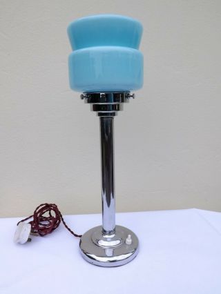 1930s Art Deco Lamp Table Desk Lamp Chrome Stem Blue Glass Shade