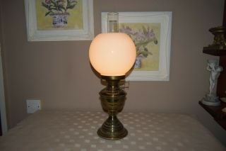 Vintage Duplex Brass Oil Lamp With Chimney & Withe Glass Shade.