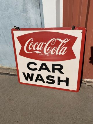 Vintage 1960’s? Coca Cola Coke Soda 2 Sided Porcelain Fishtail Car Wash Sign