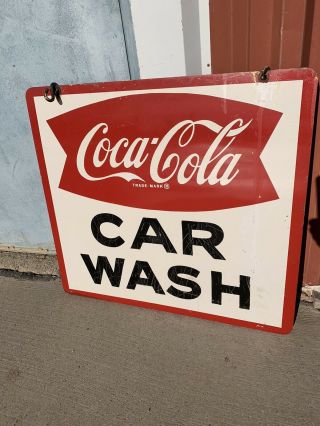 Vintage 1960’s? Coca Cola Coke Soda 2 Sided Porcelain Fishtail Car Wash Sign 2